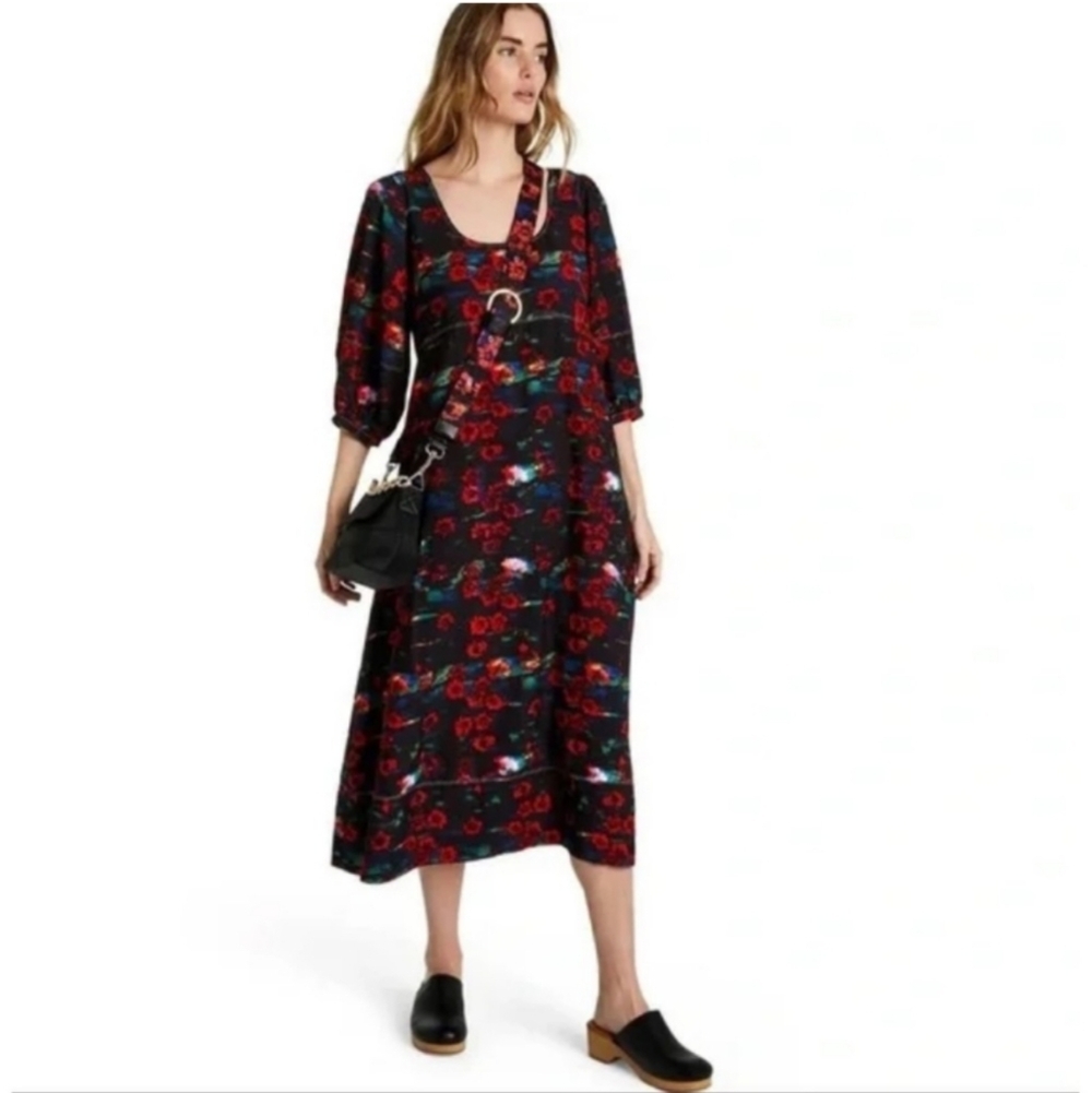 🌹Rachel Comey Womens Volume 3/4 Sleeve Dress Kodak Red Floral & Black. S